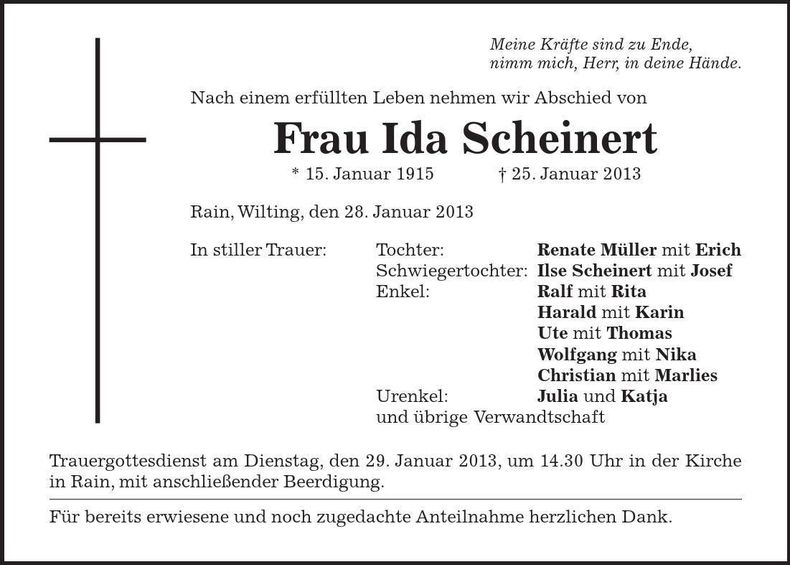 Traueranzeige Ida Scheinert
