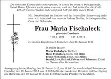 Traueranzeige Maria Fischaleck