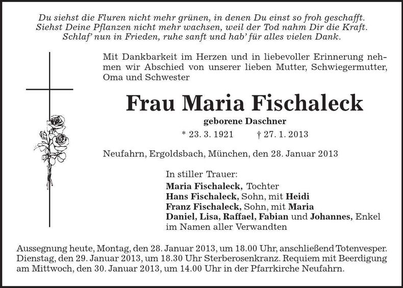 Traueranzeige Maria Fischaleck