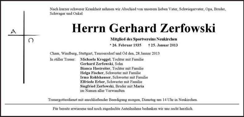 Traueranzeige Gerhard Zerfowski
