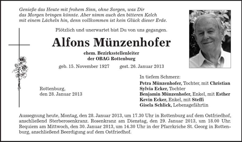 Traueranzeige Alfons Münzenhofer