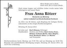 Traueranzeige Anna Rötzer