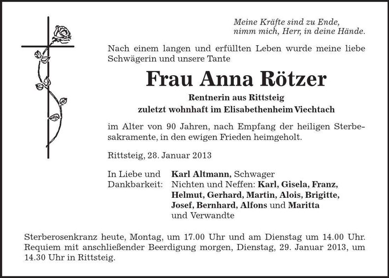 Traueranzeige Anna Rötzer