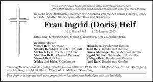 Traueranzeige Ingrid Helf