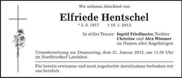 Traueranzeige Elfriede Hentschel