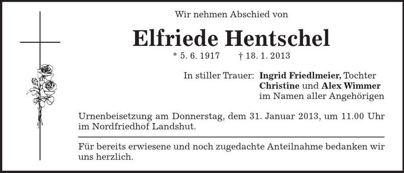 Traueranzeige Elfriede Hentschel