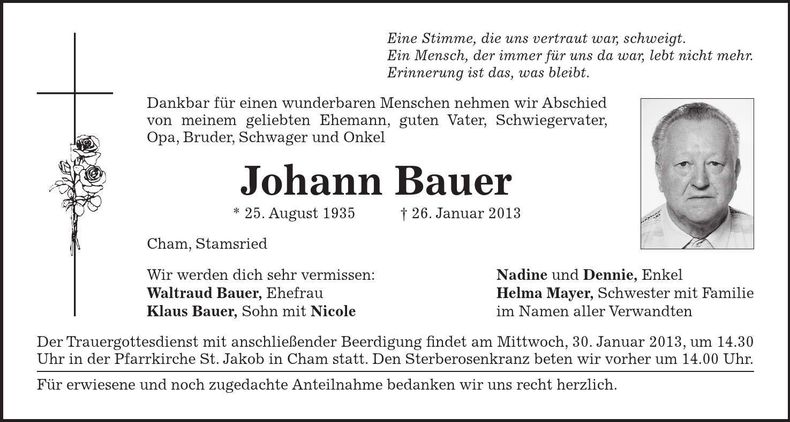 Traueranzeige Johann Bauer