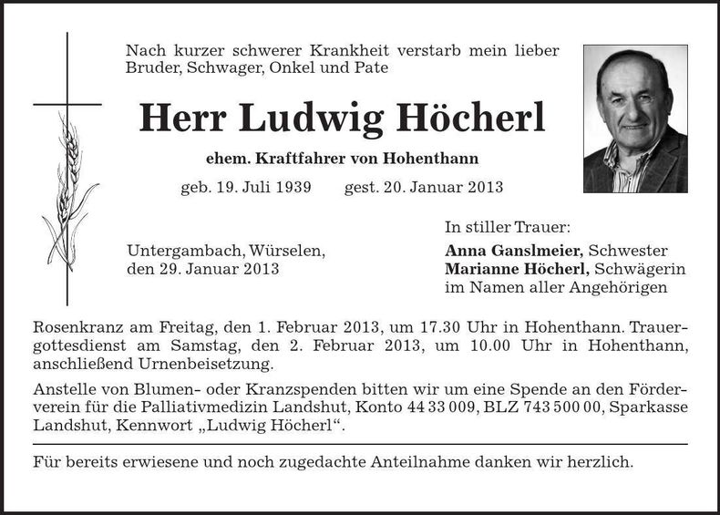 Traueranzeige Ludwig Höcherl