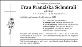 Traueranzeige Franziska Schmirali