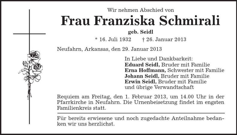 Traueranzeige Franziska Schmirali