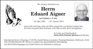 Traueranzeige Eduard Aigner