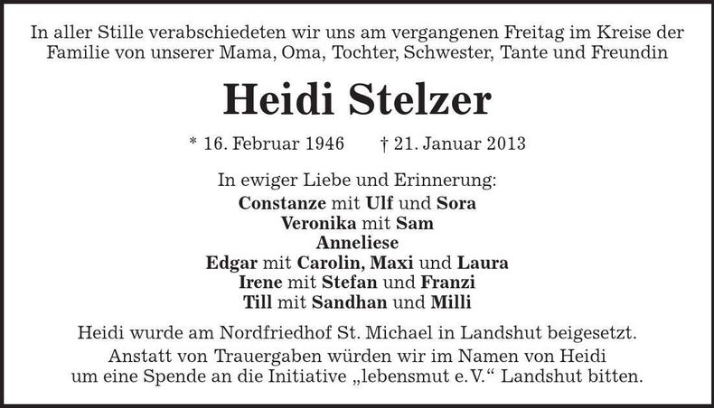 Traueranzeige Heidi Stelzer