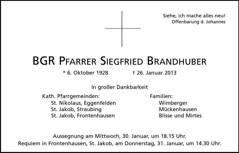 Traueranzeige Siegfried BGR Pfarrer Brandhuber