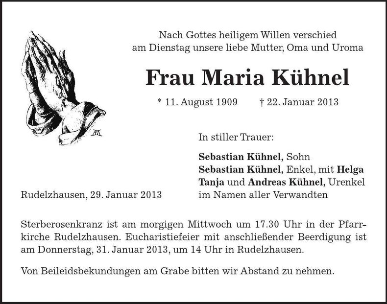 Traueranzeige Maria Kühnel