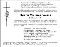 Traueranzeige Werner Weiss