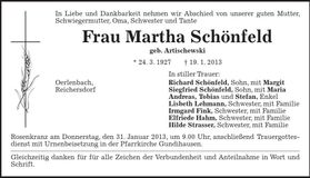 Traueranzeige Martha Schönfeld