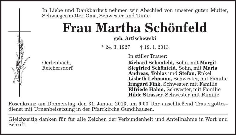 Traueranzeige Martha Schönfeld