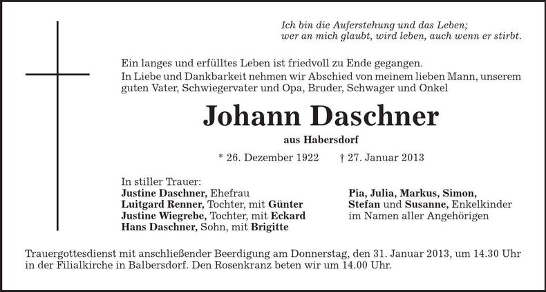 Traueranzeige Johann Daschner