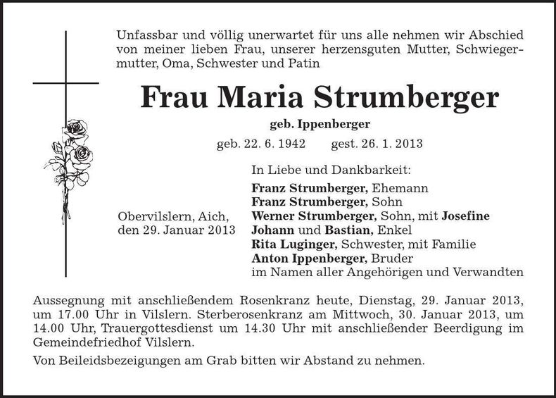 Traueranzeige Maria Strumberger