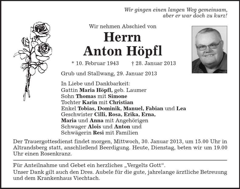 Traueranzeige Anton Höpfl