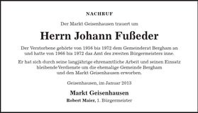 Traueranzeige Johann Fußeder