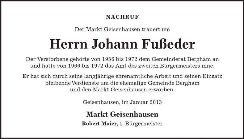 Traueranzeige Johann Fußeder