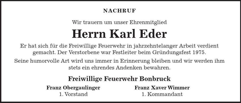 Traueranzeige Karl Eder