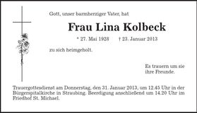 Traueranzeige Lina Kolbeck