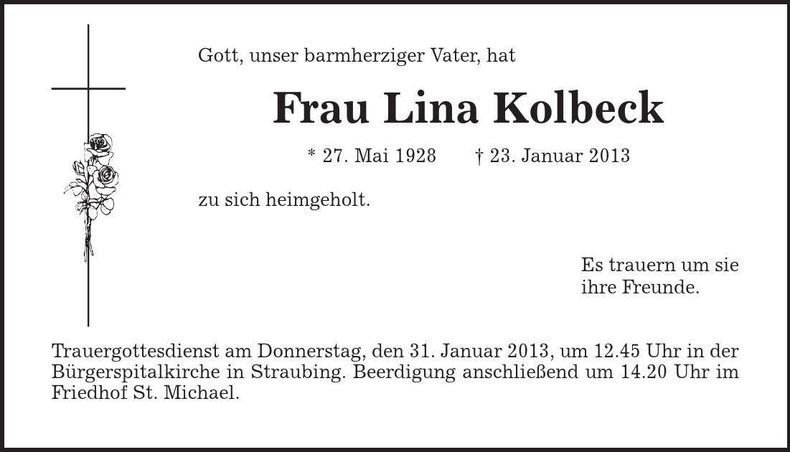 Traueranzeige Lina Kolbeck
