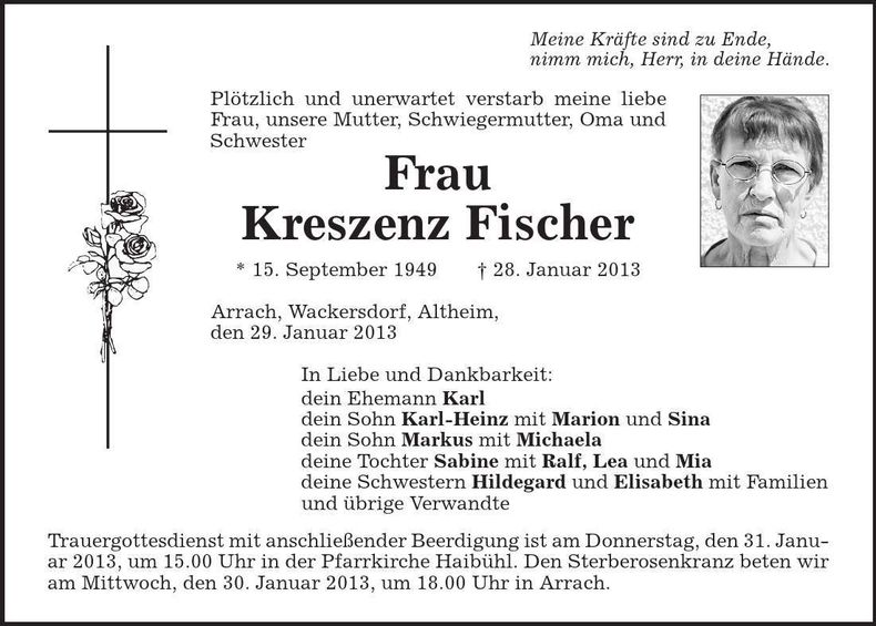 Traueranzeige Kreszenz Fischer