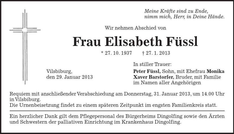 Traueranzeige Elisabeth Füssl