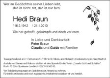 Traueranzeige Hedi Braun