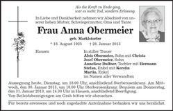 Traueranzeige Anna Obermeier