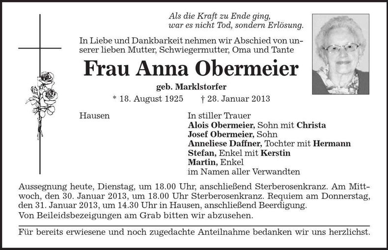 Traueranzeige Anna Obermeier