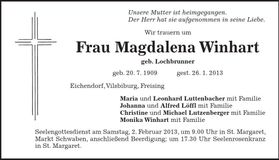 Traueranzeige Magdalena Winhart
