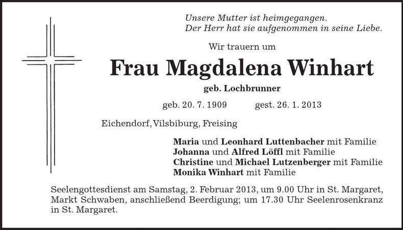 Traueranzeige Magdalena Winhart
