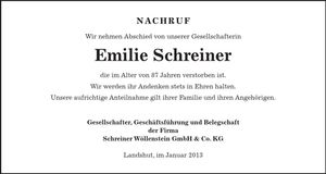 Traueranzeige Emilie Schreiner