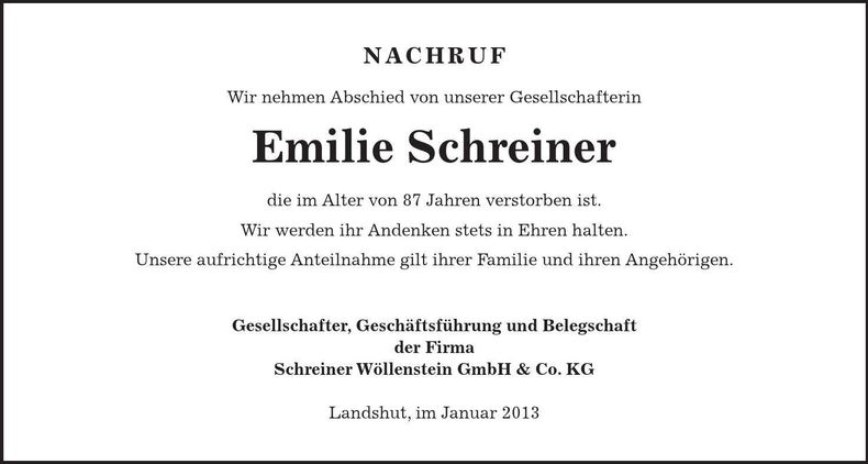 Traueranzeige Emilie Schreiner
