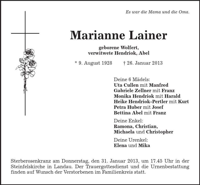 Traueranzeige Marianne Lainer