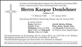 Traueranzeige Kaspar Demlehner