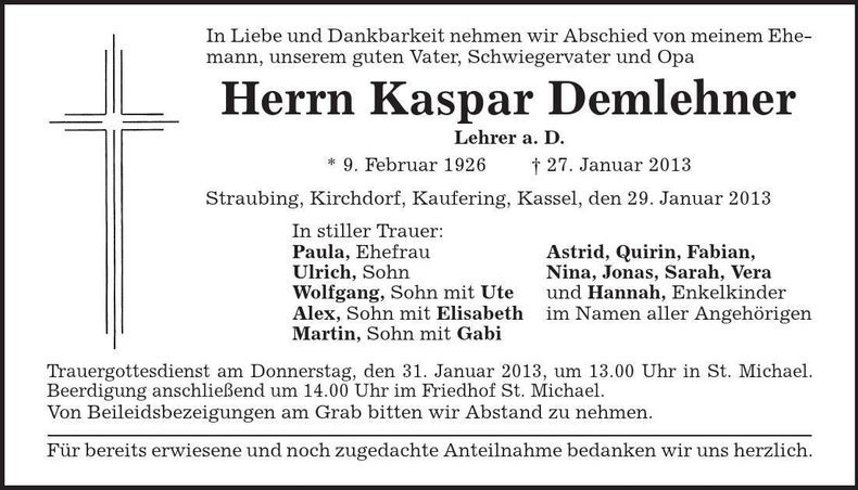 Traueranzeige Kaspar Demlehner