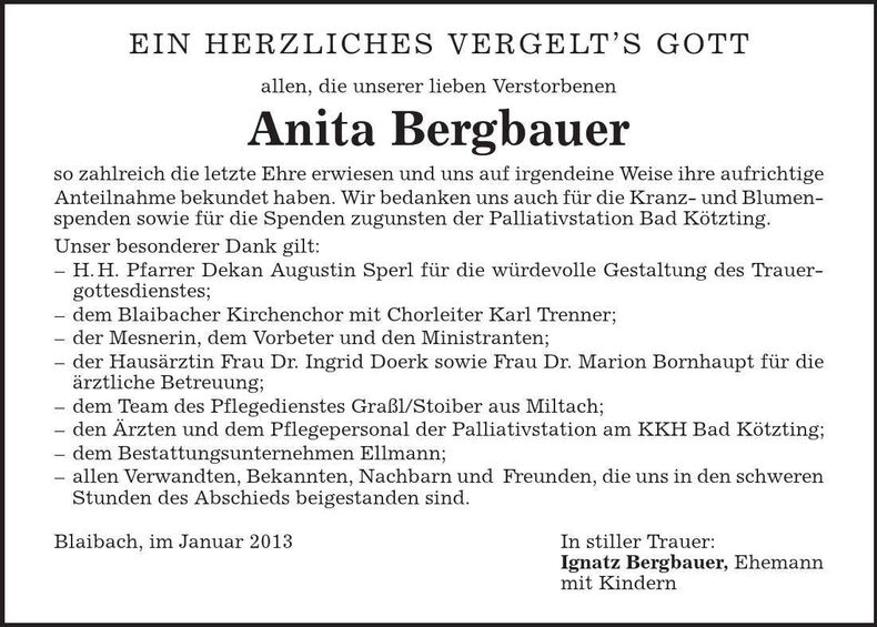 Traueranzeige Anita Bergbauer