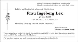 Traueranzeige Ingeborg Lex