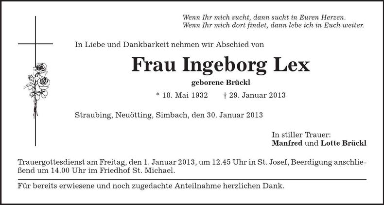 Traueranzeige Ingeborg Lex