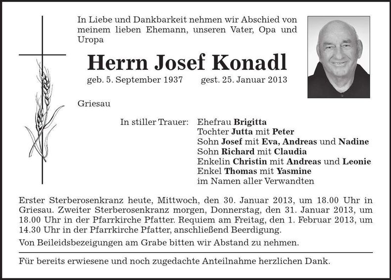 Traueranzeige Josef Konadl