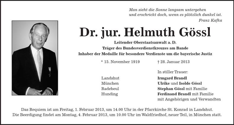 Traueranzeige Helmuth Gössl