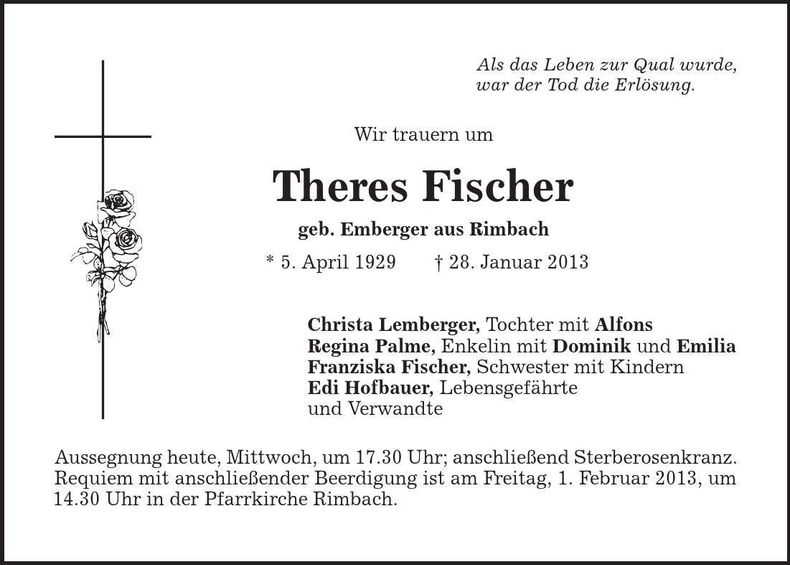 Traueranzeige Theres Fischer