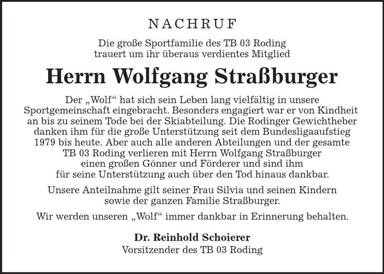 Traueranzeige Wolfgang Straßburger
