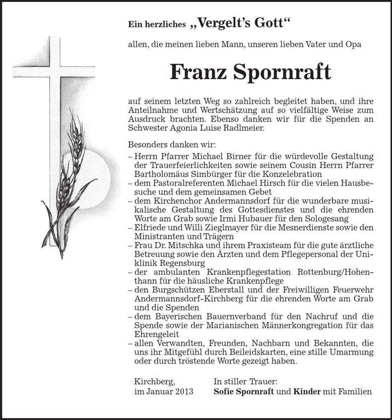 Traueranzeige Franz Spornraft