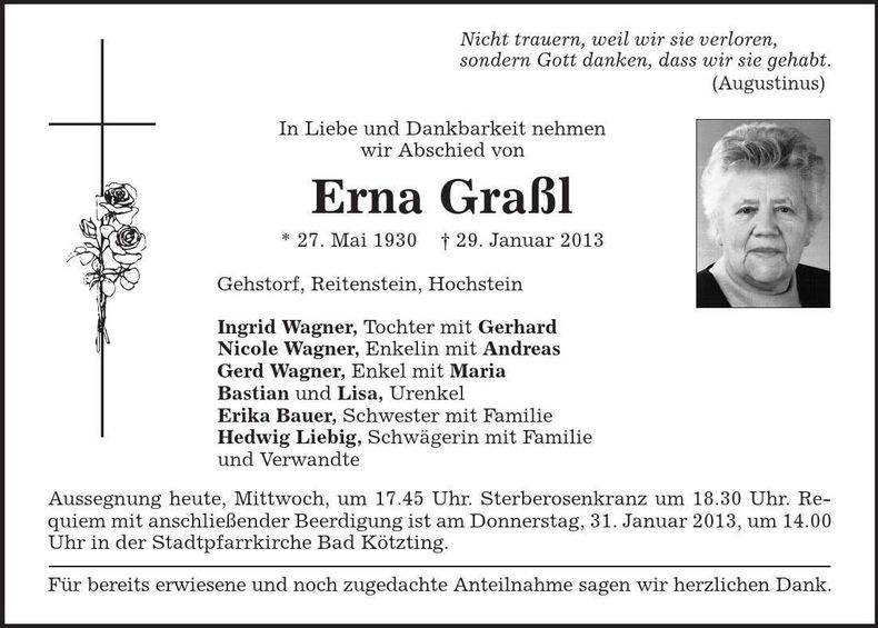 Traueranzeige Erna Graßl